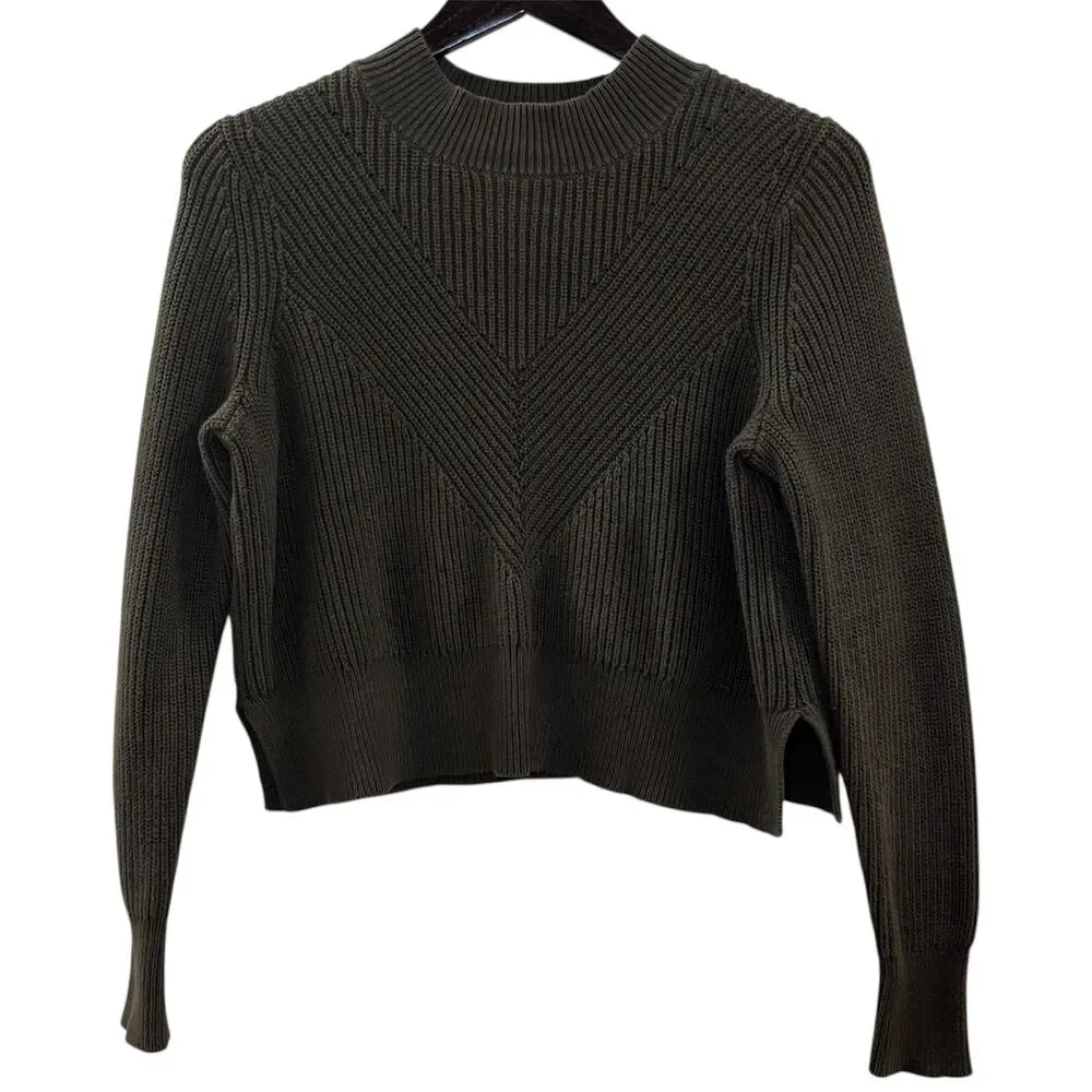 Kendall & Kylie Mock Neck Cropped Knit Sweater Olive Green Medium